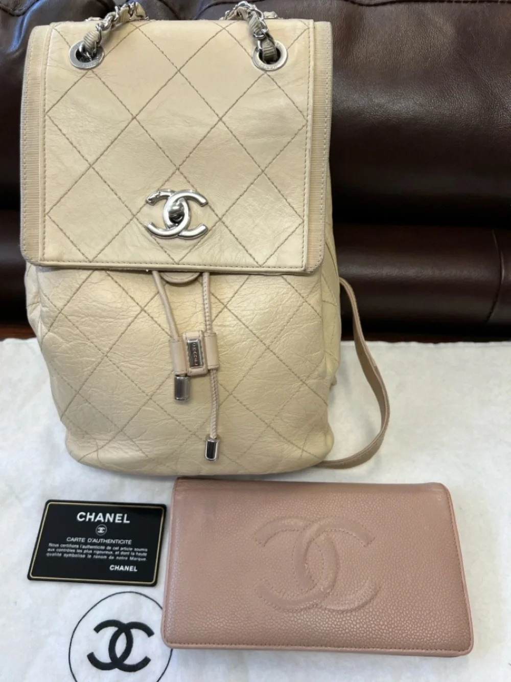 CHANEL Beige Quilted Leather Drawstring Backpack with CC with wallet